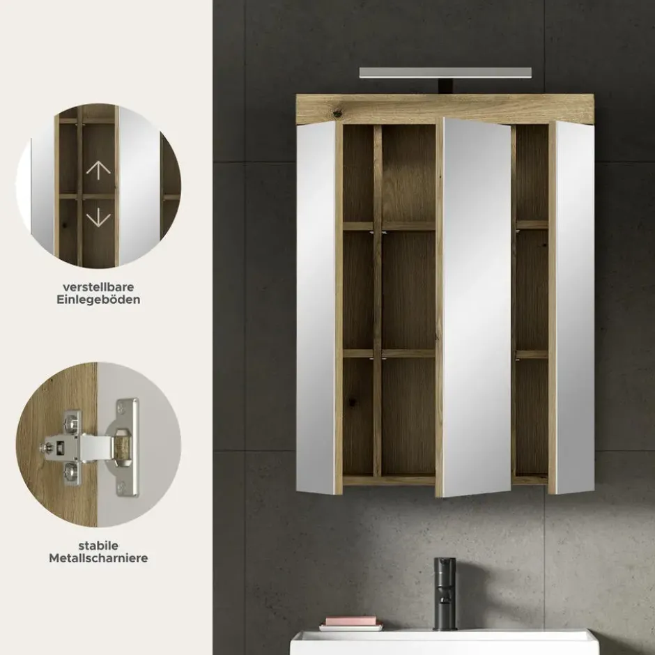 Hioshop Scout spiegelkast inclusief verlichting 3 spiegeldeuren eiken decor