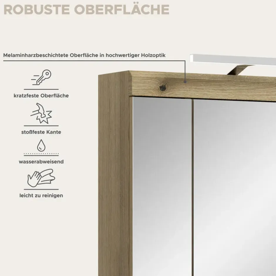 Hioshop Scout spiegelkast inclusief verlichting 3 spiegeldeuren eiken decor