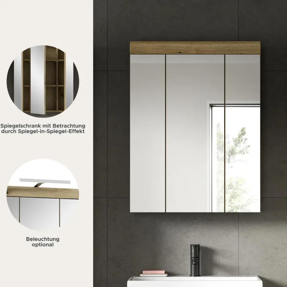 Hioshop Scout spiegelkast 3 spiegeldeuren eiken decor