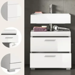 Hioshop Scout wastafel 2 deuren- 2 lades- 2 planken wit hoogglans- wit