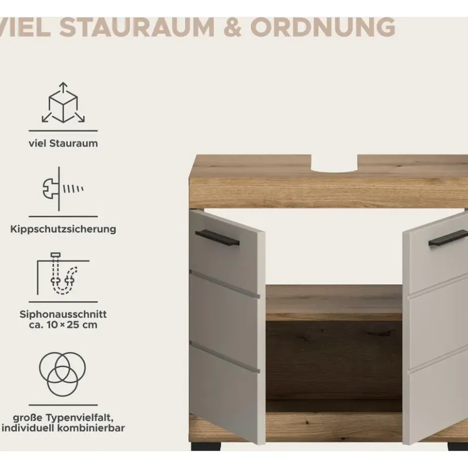 Hioshop Scout wastafel 2 deuren kasjmier decor mat- eiken decor