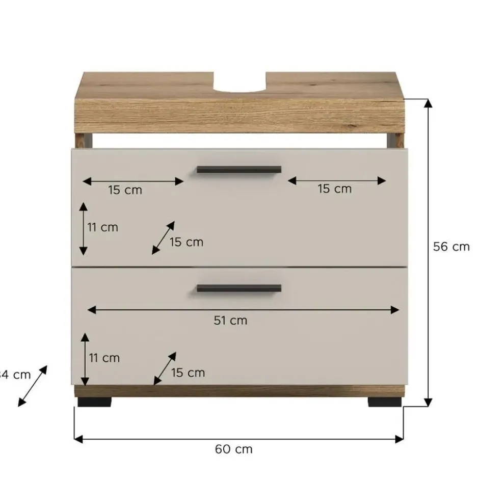 Hioshop Scout wastafel 2 lades kasjmier decor mat- eiken decor