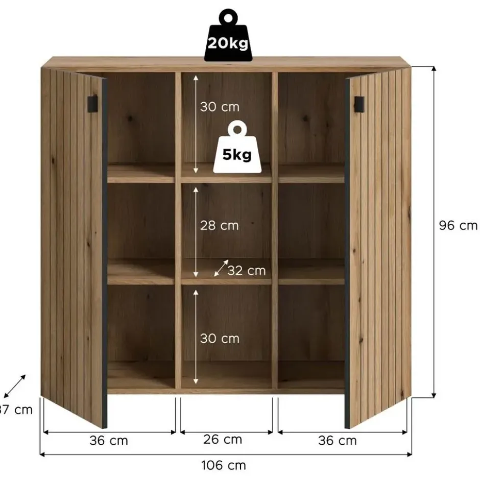 Hioshop Station schoenenkast 2 deuren- 3 planken eik decor