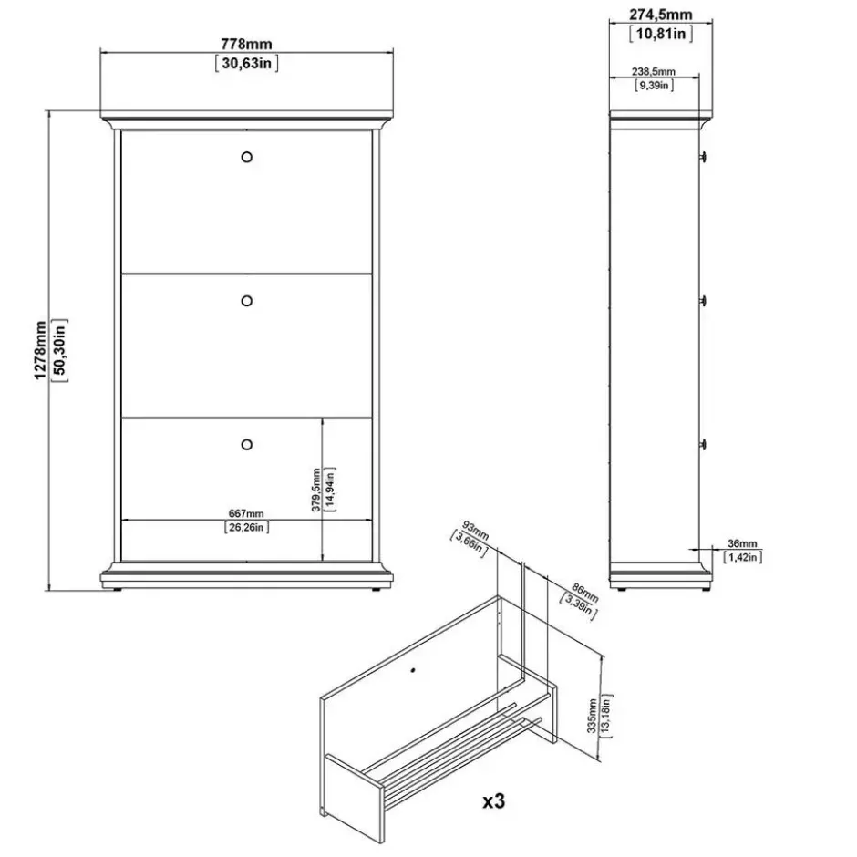 Hioshop Venedig schoenenkast met 3 klepdeuren in wit