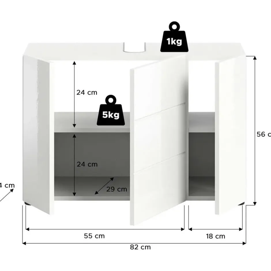 Hioshop Vira wastafel 3 deuren- 5 lades wit hoogglans- wit
