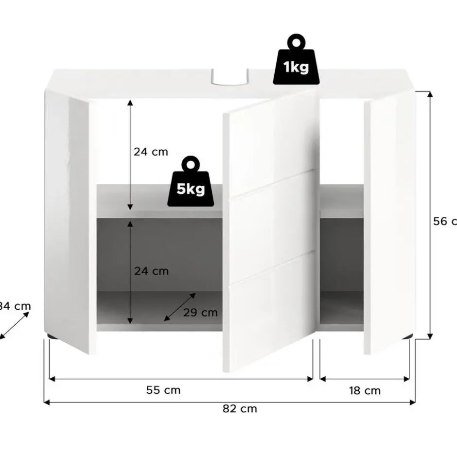 Hioshop Vira wastafel 3 deuren- 5 lades wit hoogglans- wit