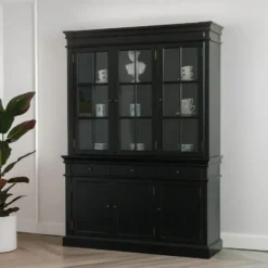 Hioshop Winkelkast buffetkast vitrine met opzet antiek zwart massief hout