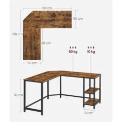 Hoekbureau - vintage - 2 legplanken - 138x76x138 cm - vintage bruin