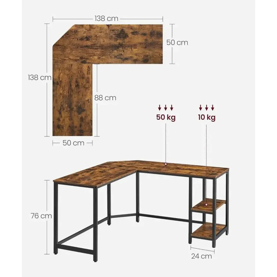 Hoekbureau - vintage - 2 legplanken - 138x76x138 cm - vintage bruin