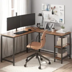 Hoekbureau - vintage - 2 legplanken - 138x76x138 cm - vintage bruin