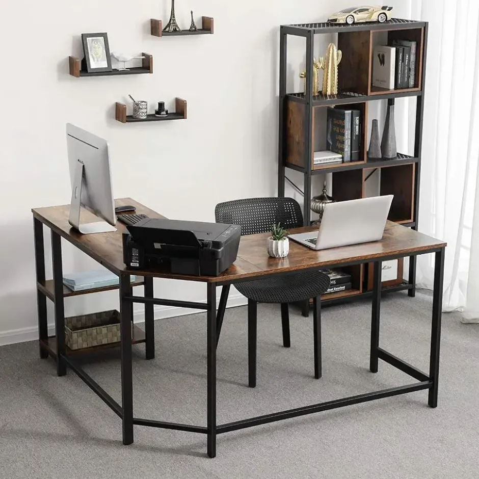 Hoekbureau - vintage - 2 legplanken - 138x76x138 cm - vintage bruin
