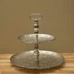 Home Deco Factory Etagere 2 laags - zilver - metaal - 40 x 49 cm