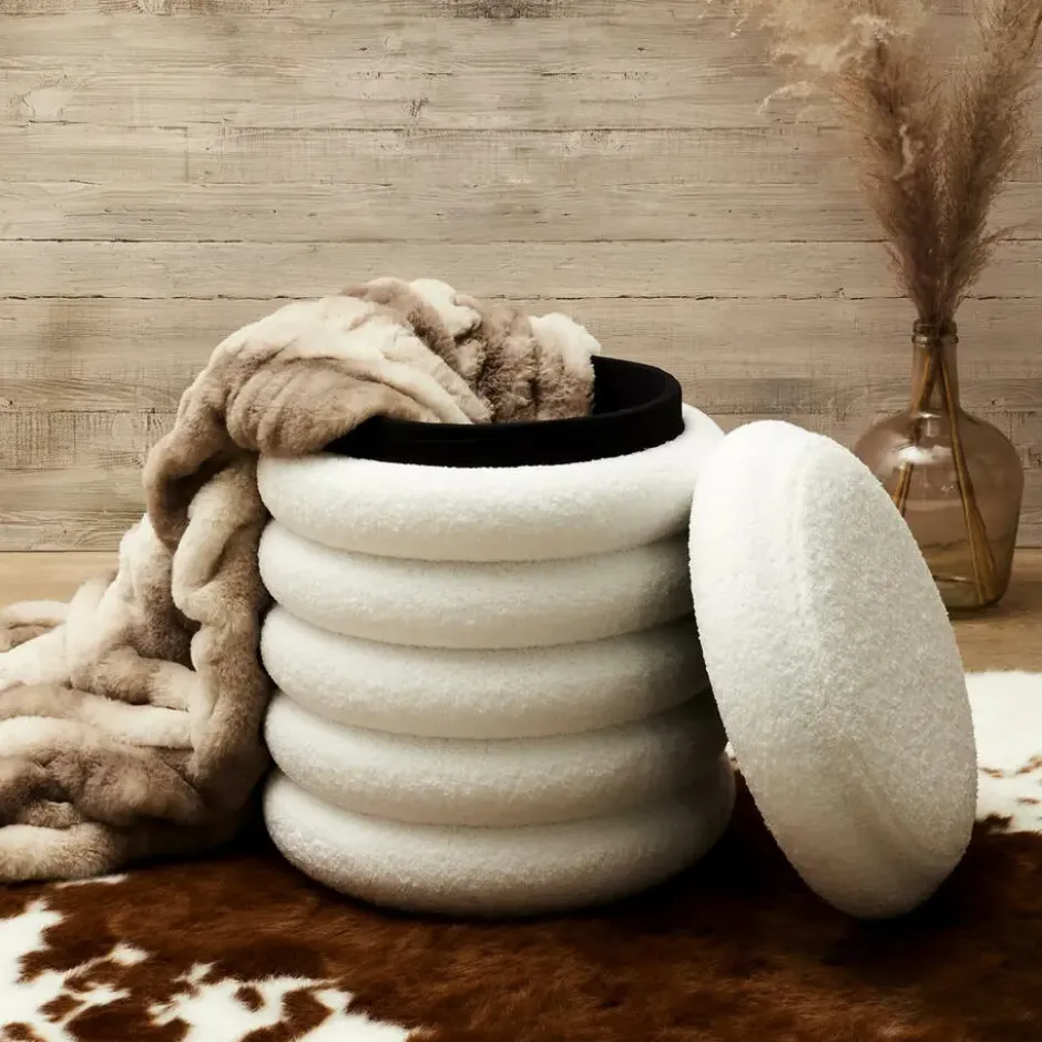 Home Deco Factory Poef/krukje - boucle - wit - D37 x H44 cm