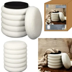 Home Deco Factory Poef/krukje - boucle - wit - D37 x H44 cm