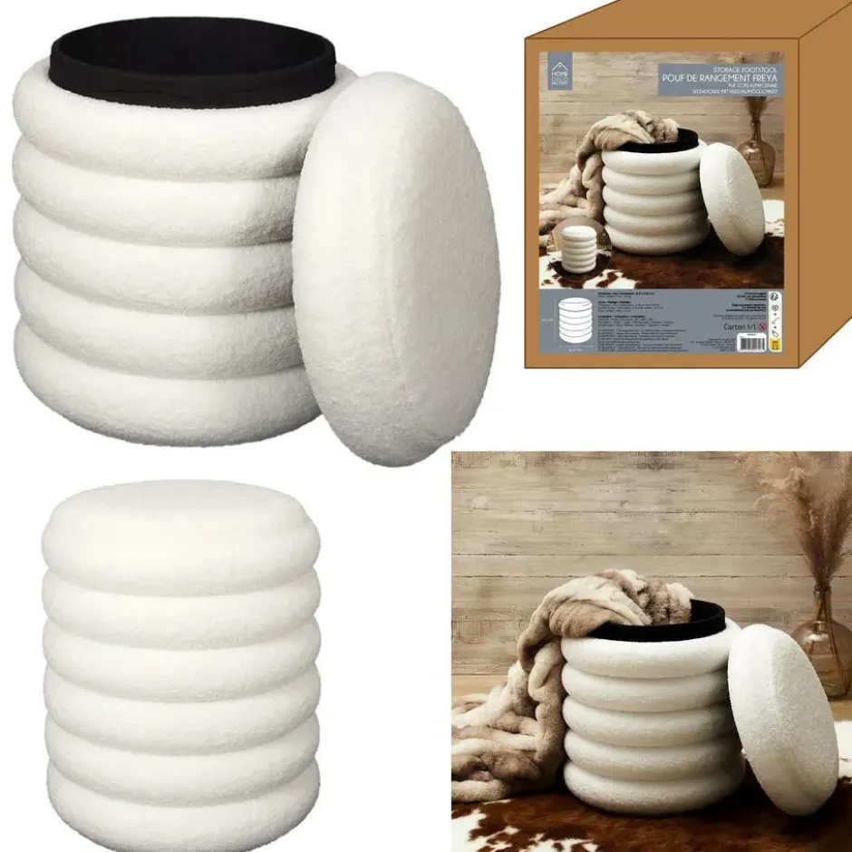 Home Deco Factory Poef/krukje - boucle - wit - D37 x H44 cm