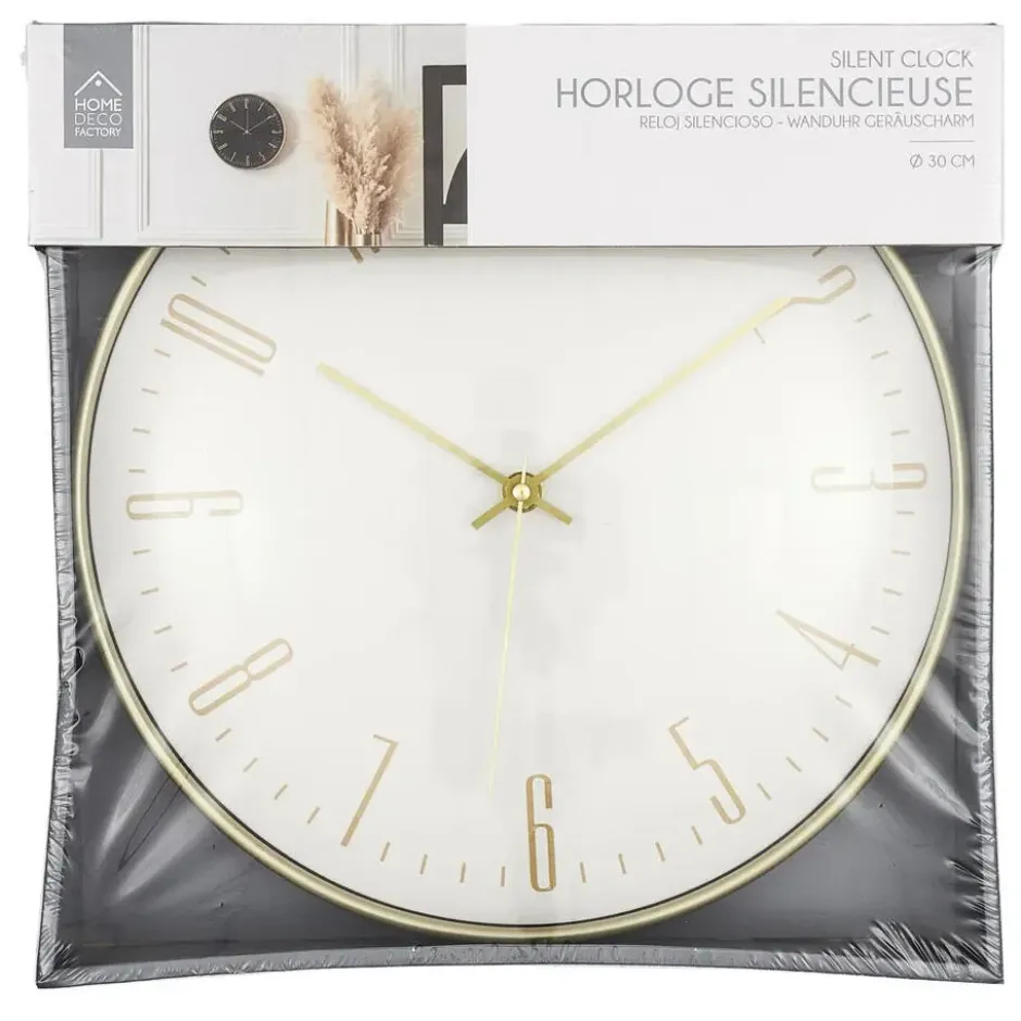Home deco factory stille wandklok - goud/wit - D30 cm -kunststof