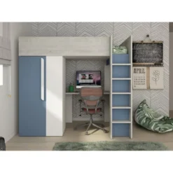Hoogslaper NICOLAS - 1 plaats - Blauw Wit Hout paneel