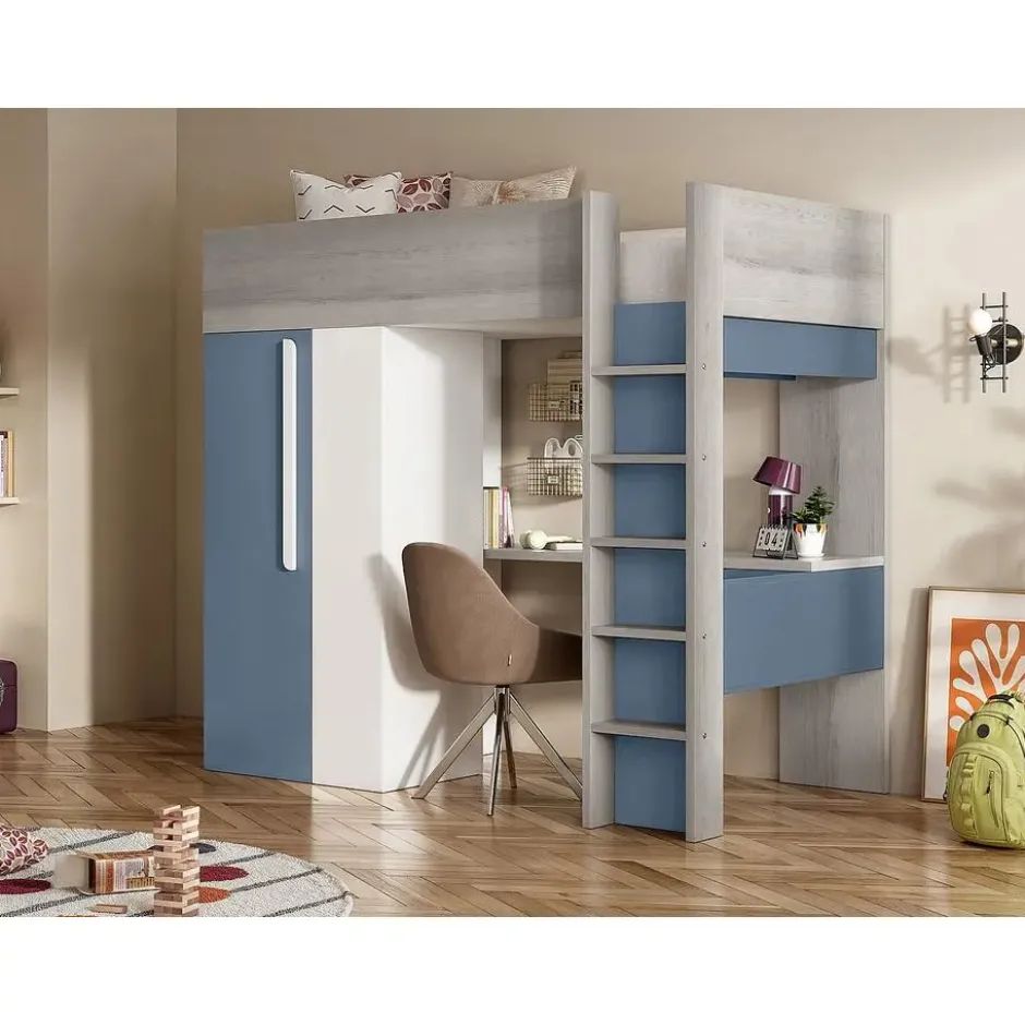 Hoogslaper NICOLAS - 1 plaats - Blauw Wit Hout paneel