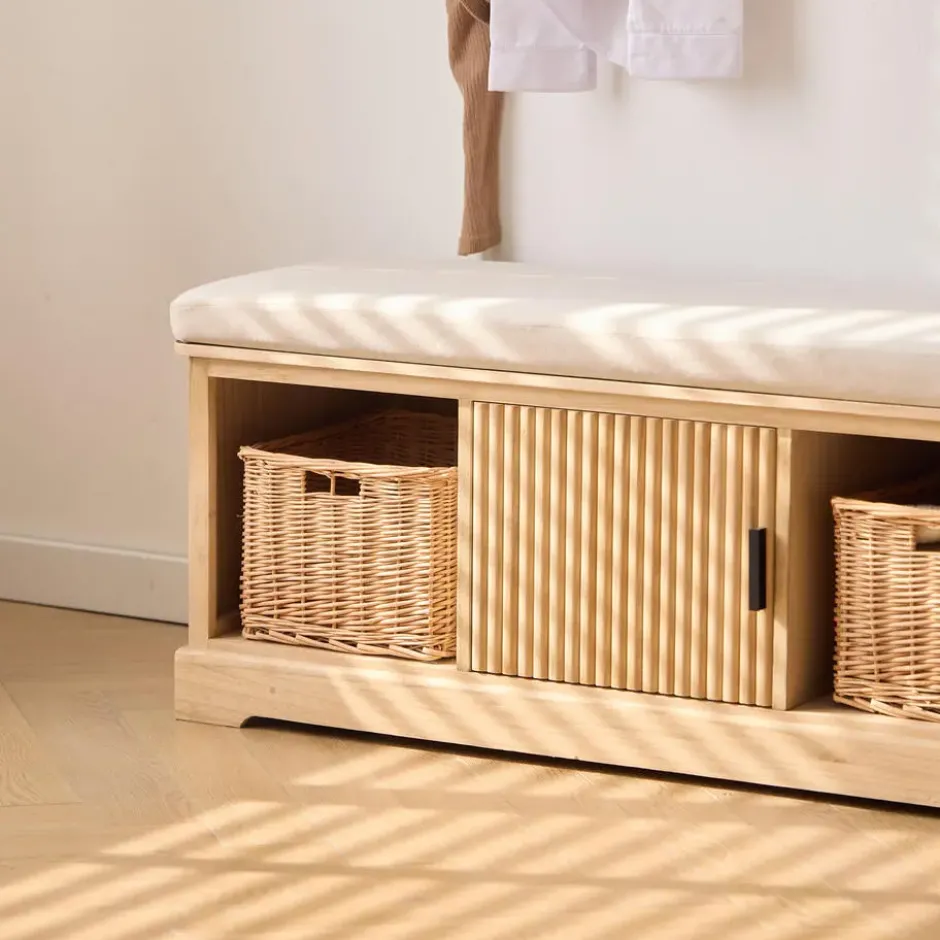 Houten halbank met 1 deur en 2 opbergvakken met beige fluwelen