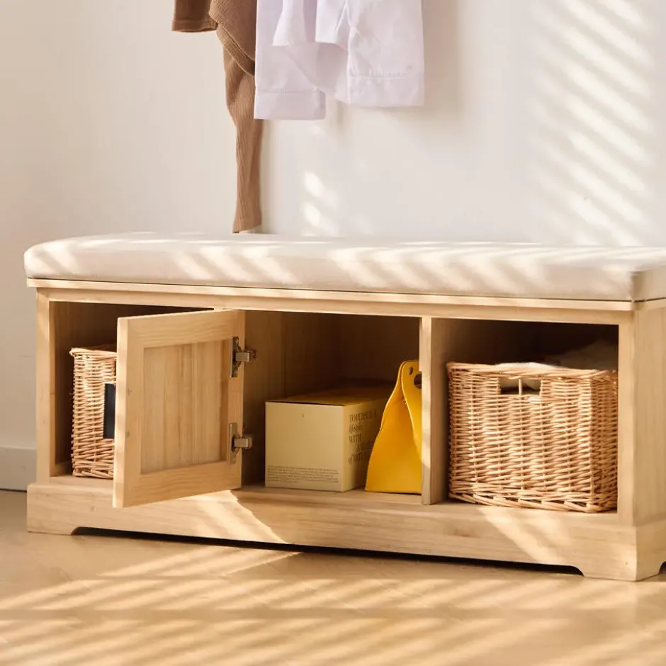 Houten halbank met 1 deur en 2 opbergvakken met beige fluwelen