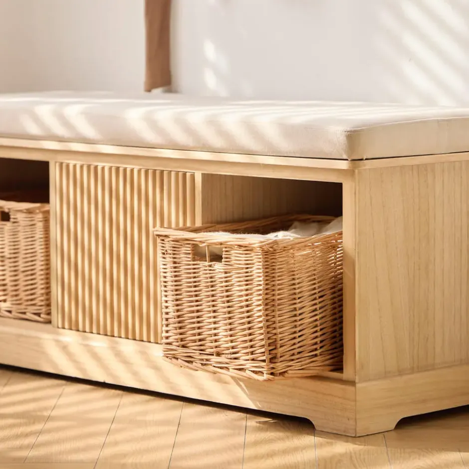 Houten halbank met 1 deur en 2 opbergvakken met beige fluwelen