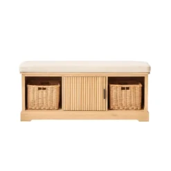 Houten halbank met 1 deur en 2 opbergvakken met beige fluwelen