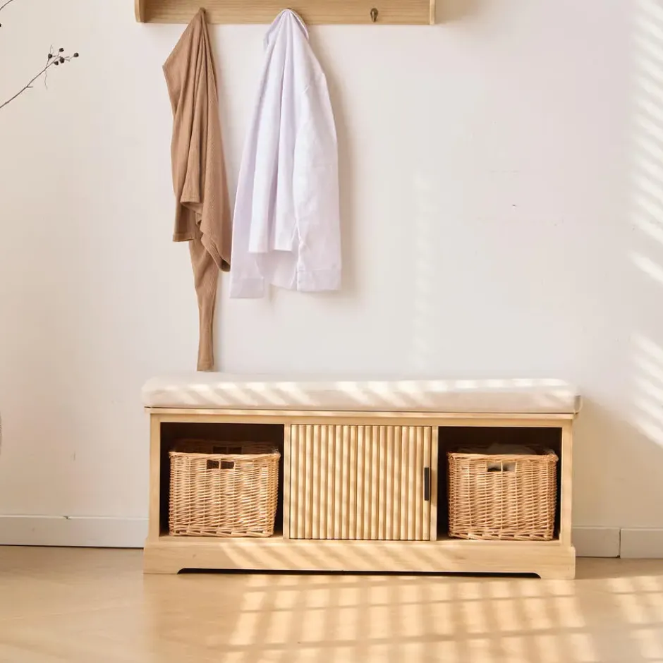 Houten halbank met 1 deur en 2 opbergvakken met beige fluwelen