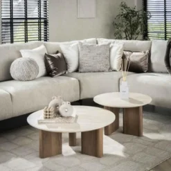 Hoyz Collection - Salontafel Rechthoekige Poot - Keramisch Travertin - Set van 2