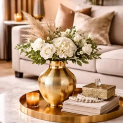 H&S Collection Vaas - goud - H37 x D25 cm - metaal - bloemenvaas
