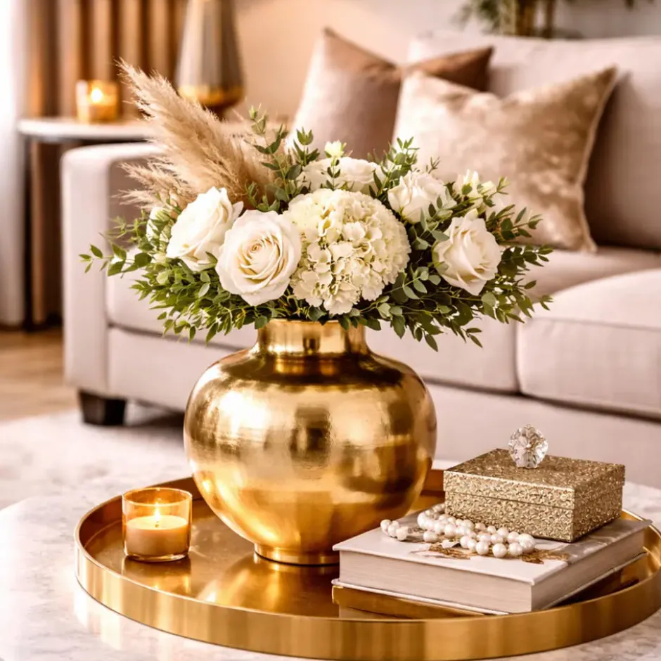H&S Collection Vaas - goud - H40 x D30 cm - metaal - bloemenvaas