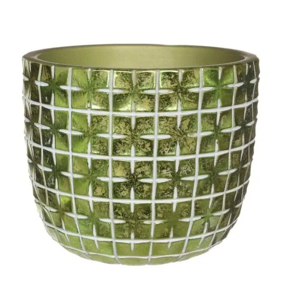 Ideas4seasons Bloempot - ruit motief - metallic groen - 10x8 cm