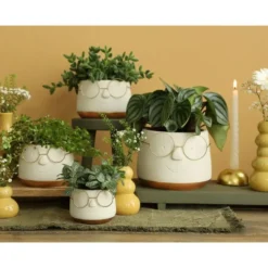 Ideas4seasons Plantenpot ribbel bril - wit/goud - D14 x H11 cm