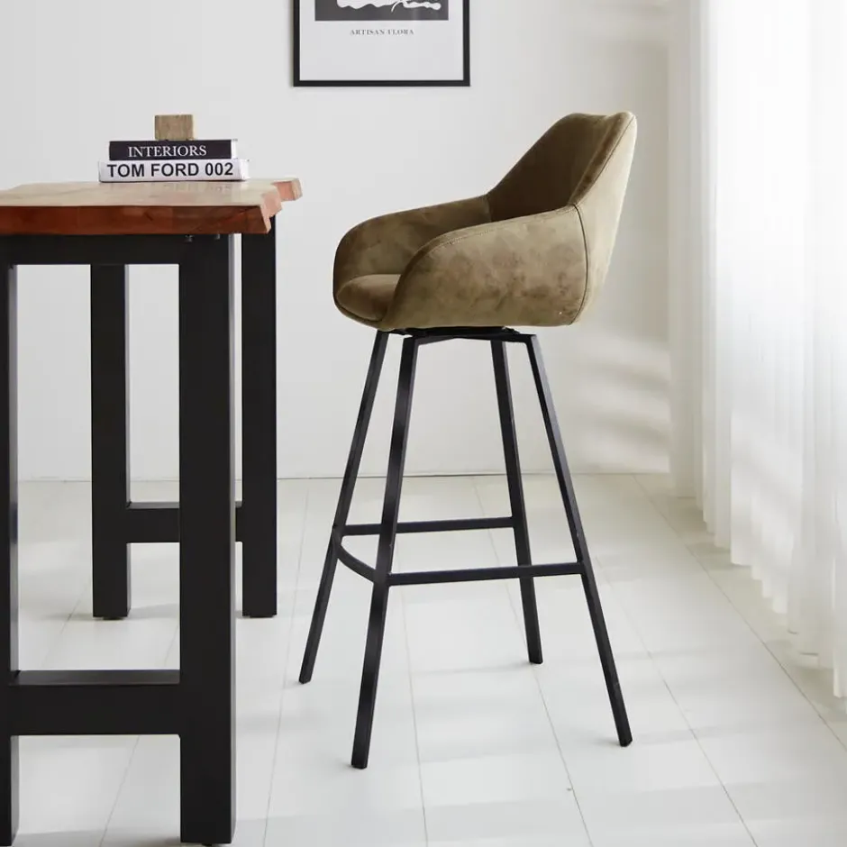 Industriële barkruk Elise groen ecoleder draaibaar Zithoogte 79 cm Leder