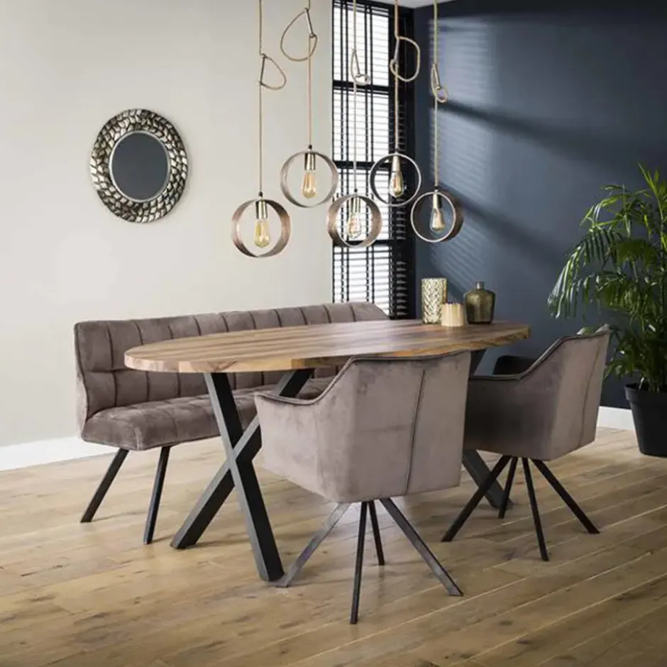 Industriële eetkamerbank Romy velvet 180 cm grijs - 190x180x81 cm - Stof - Grijs