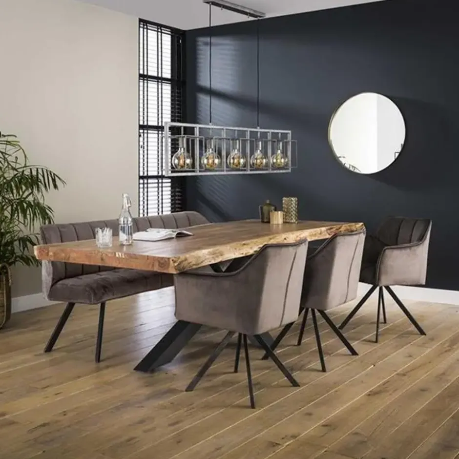Industriële eetkamerbank Romy velvet 180 cm grijs - 190x180x81 cm - Stof - Grijs
