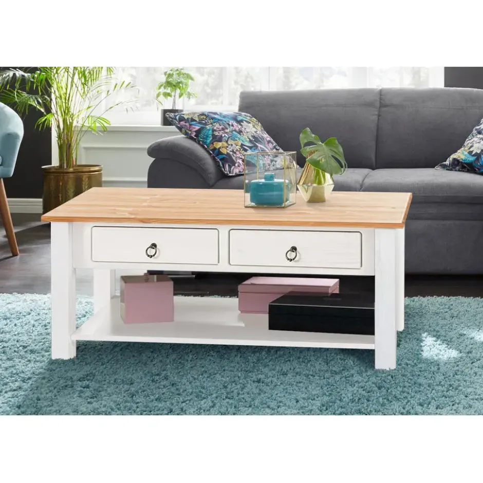 Ines - Salontafel met 2 laden wit grenen en honing