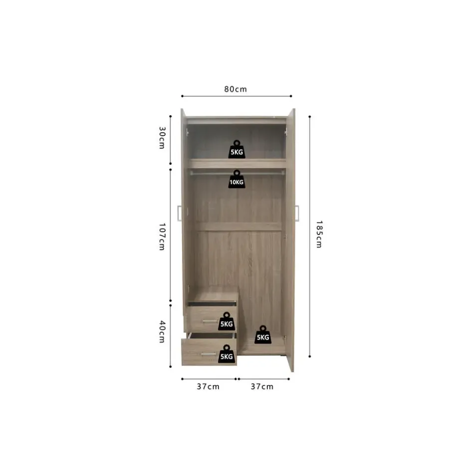 Interiax Kledingkast 'Lena' - Sonoma Eik - 2 Deurs - 185x80x52cm