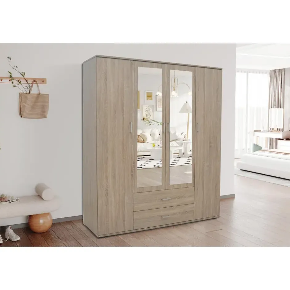 Interiax Kledingkast 'Lena' - Sonoma Eik - 4 Deurs - 185x160x52cm