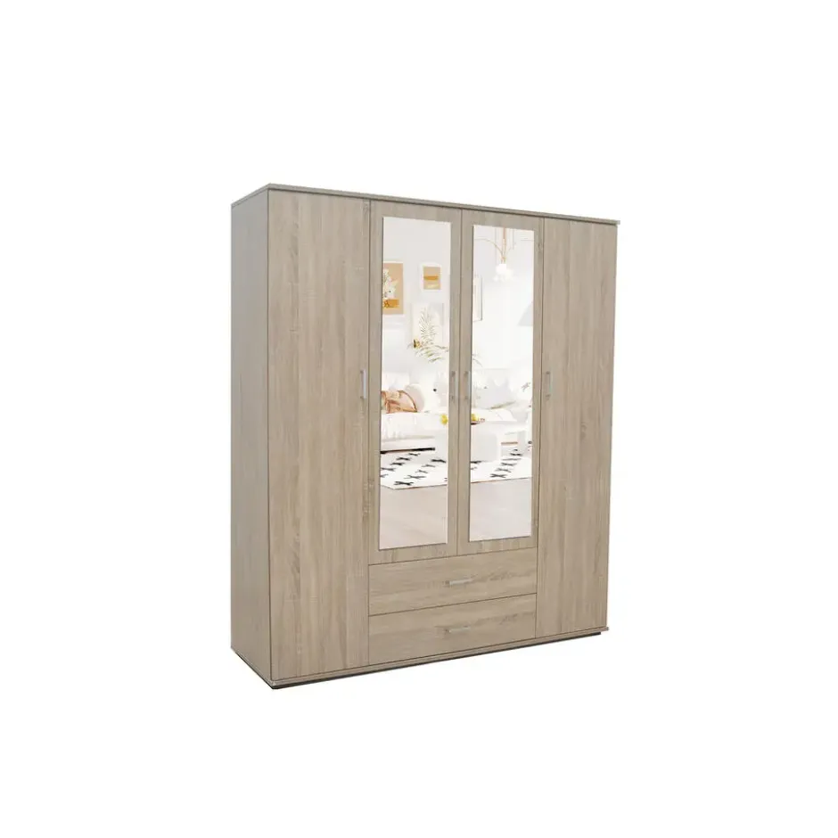 Interiax Kledingkast 'Lena' - Sonoma Eik - 4 Deurs - 185x160x52cm