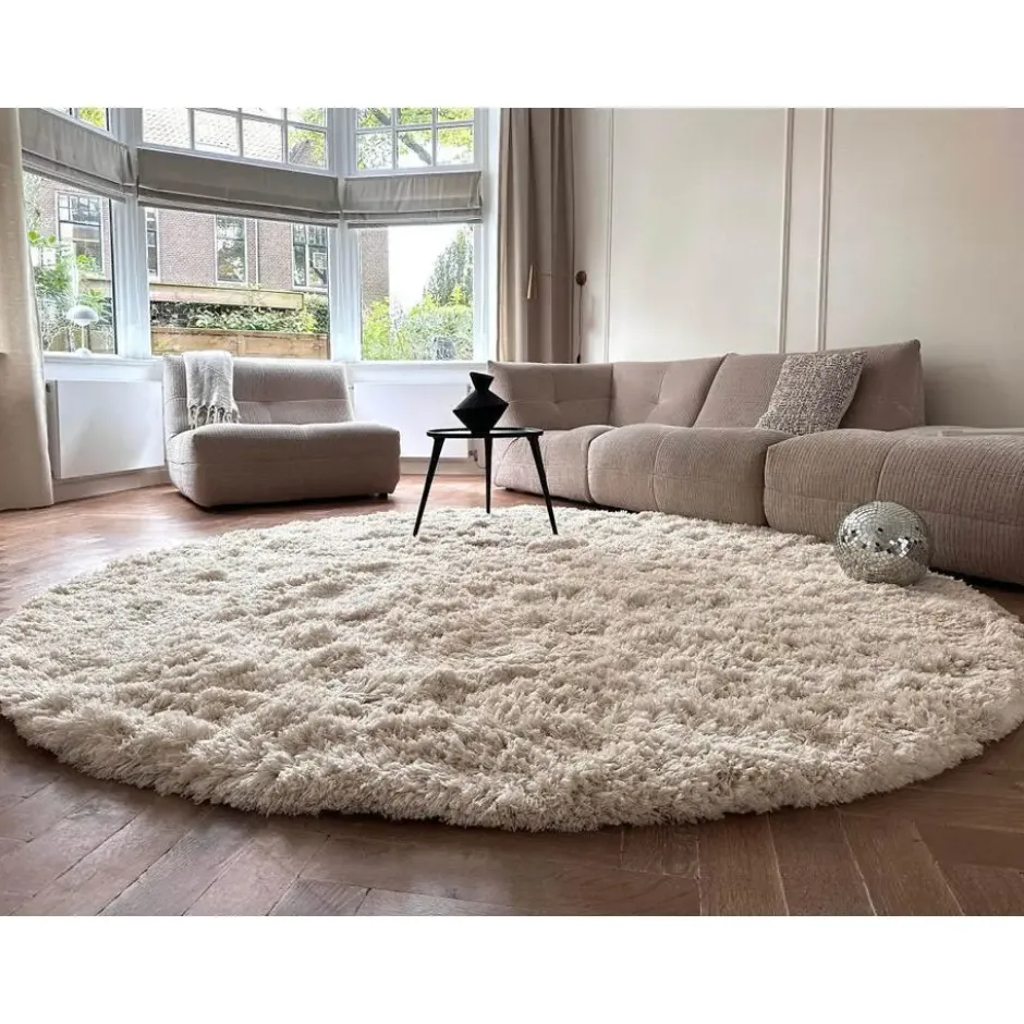 Interieur05 rond hoogpolig vloerkleed polyester Pilo ivoor/wit - 120 x 120 cm