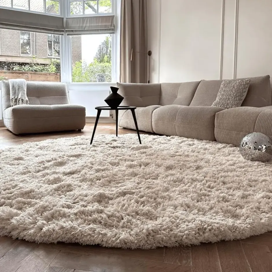 Interieur05 rond hoogpolig vloerkleed polyester Pilo ivoor/wit - 120 x 120 cm