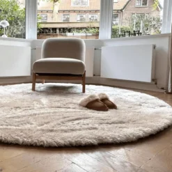 Interieur05 Rond Hoogpolig vloerkleed Odelia beige/wit - 240 x 240 cm