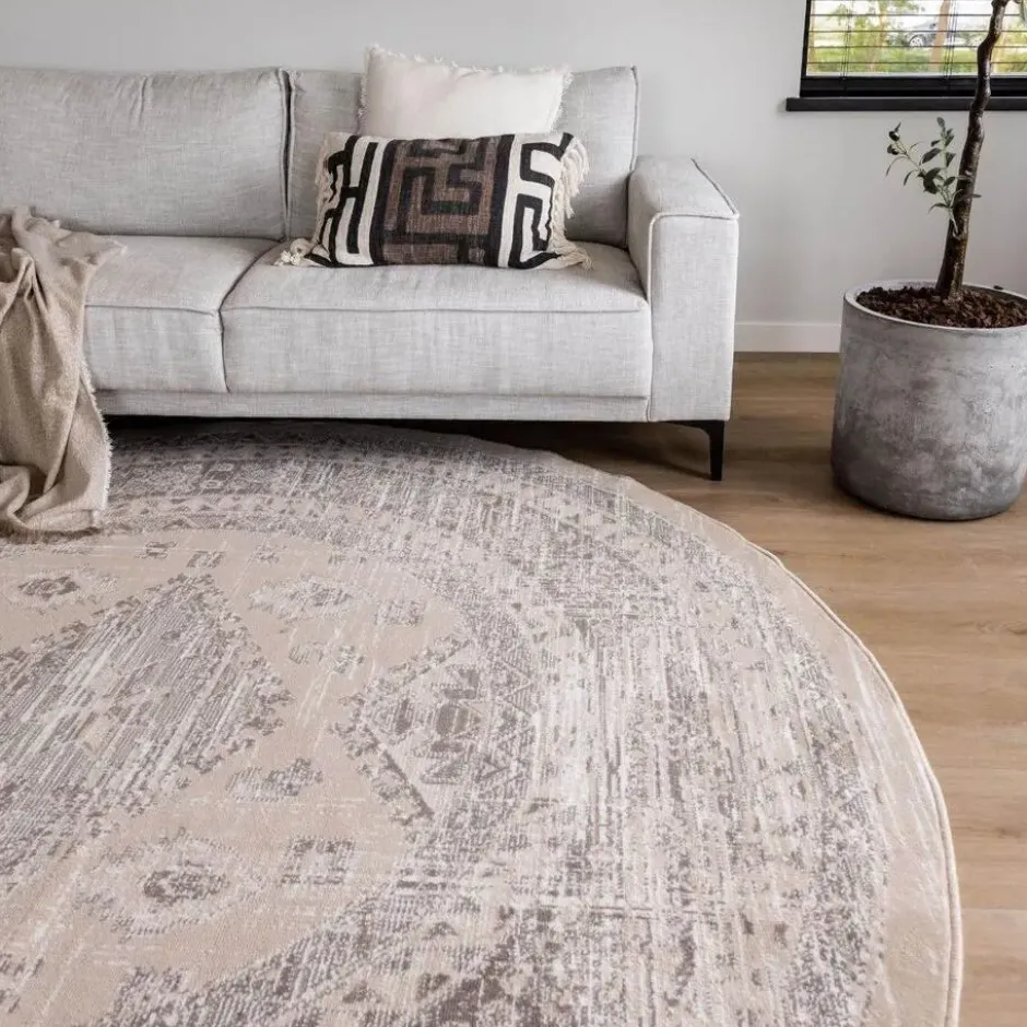 Interieur05 rond vintage Aila vloerkleed zand/beige - 120 x 120 cm