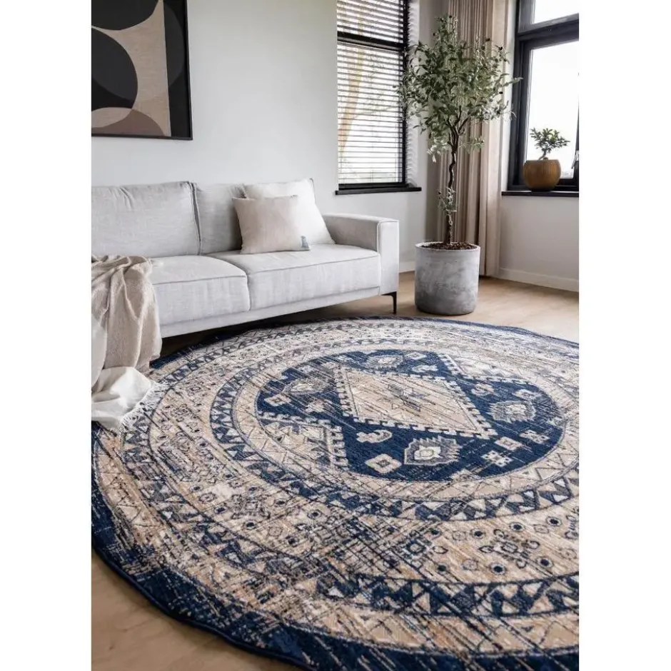 Interieur05 rond vintage vloerkleed Aila blauw - 160 x 160 cm