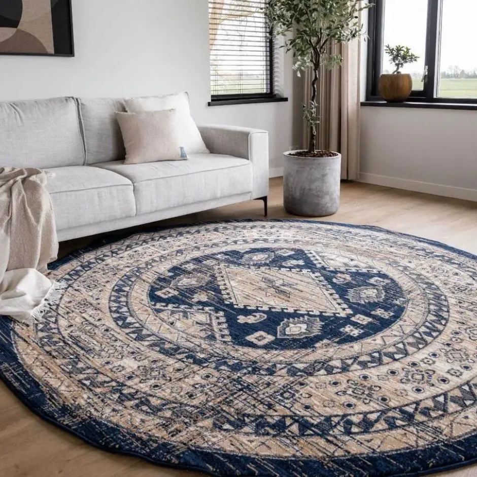 Interieur05 rond vintage vloerkleed Aila blauw - 160 x 160 cm