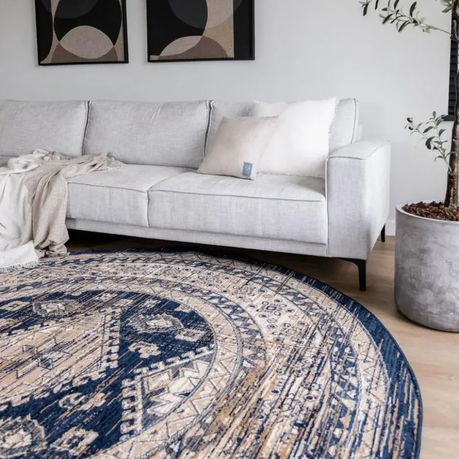 Interieur05 rond vintage vloerkleed Aila blauw - 160 x 160 cm