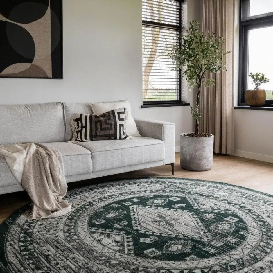 Interieur05 rond vintage vloerkleed Aila groen - 120 x 120 cm