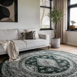 Interieur05 rond vintage vloerkleed Aila groen - 160 x 160 cm