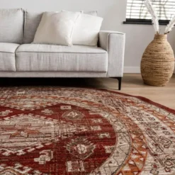 Interieur05 rond vintage vloerkleed Aila rood/oranje - 160 x 160 cm