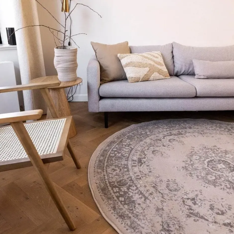 Interieur05 rond vloerkleed Keshan zand/beige - 120 x 120 cm